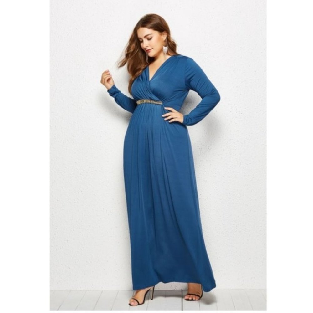Long Sleeve V Neck Evening BLUE Dress